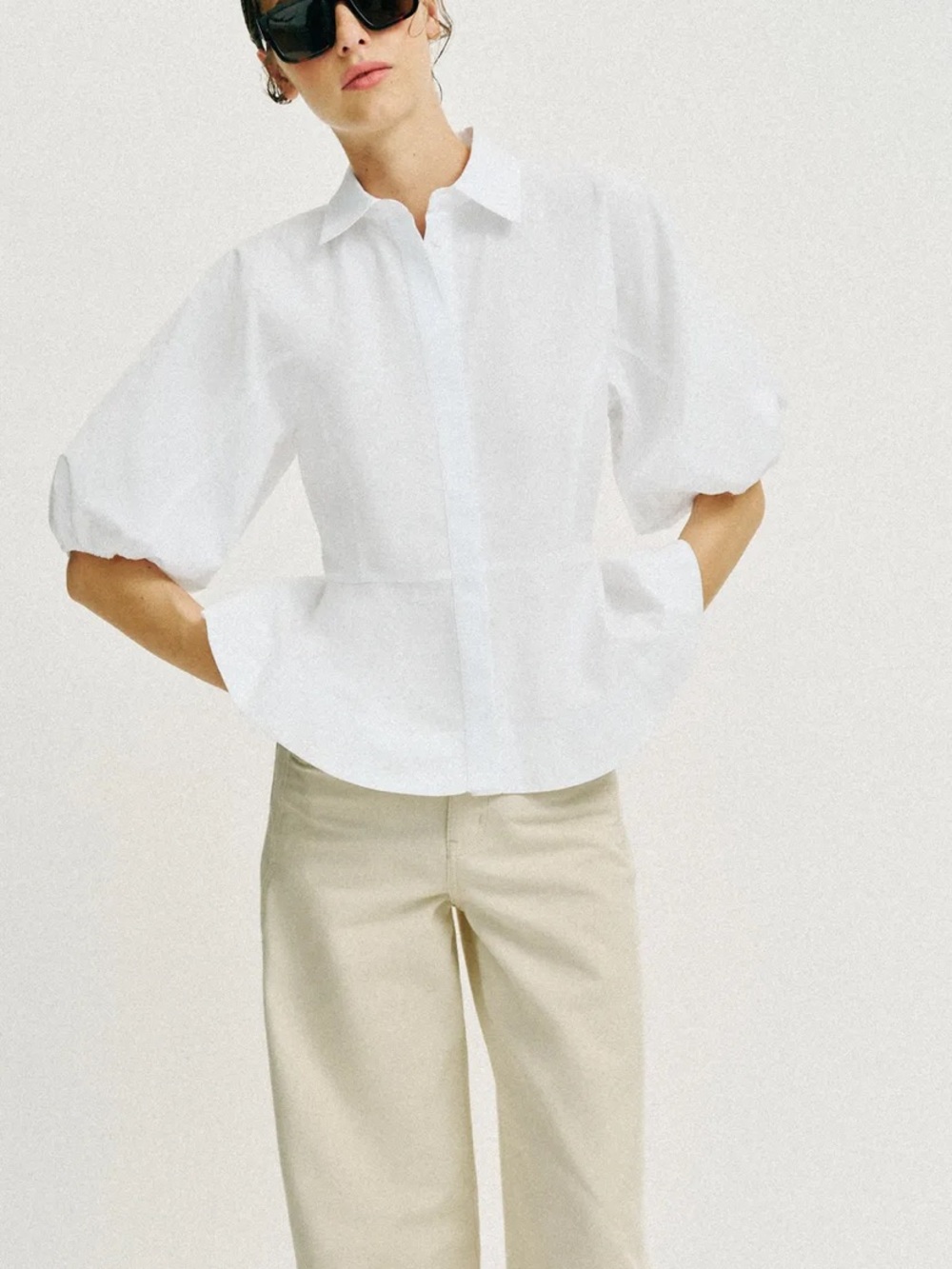 Zara NWT cotton white puff sleeve peplum button front shirt blouse top - Picture 2 of 13